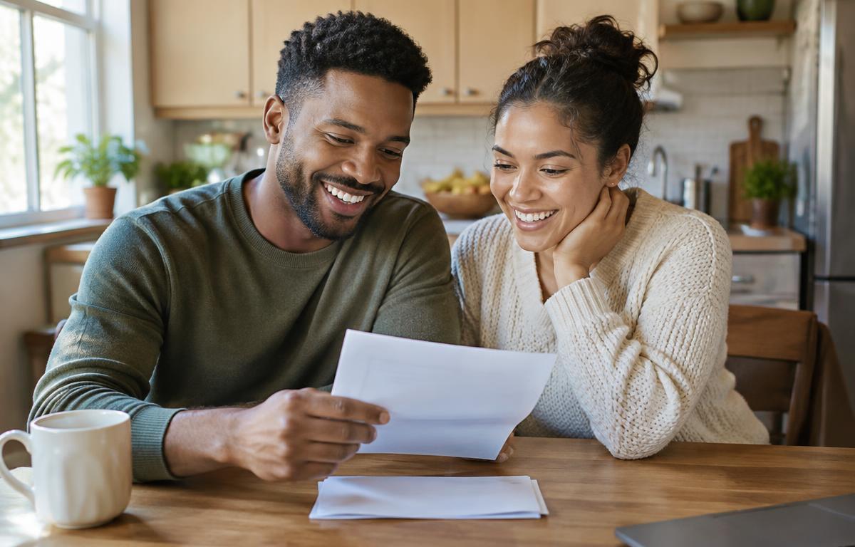 A couple reviewing an eligibility letter together at their kitchen table